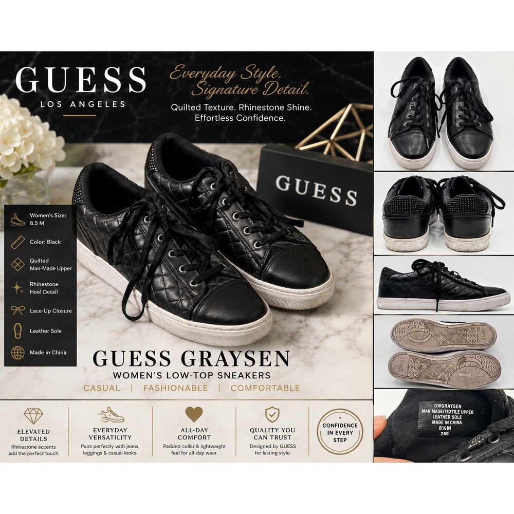 GUESS Women's Graysen Black Quilted Rhinestone Low-Top Sneakers Size 8.5M
